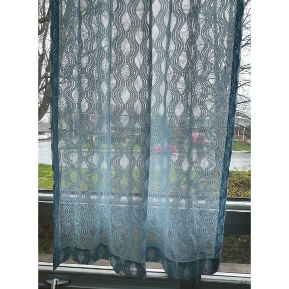 Vintage 80s pleated curtain, light blue mesh, net woven, single panel - Picture 4 of 10